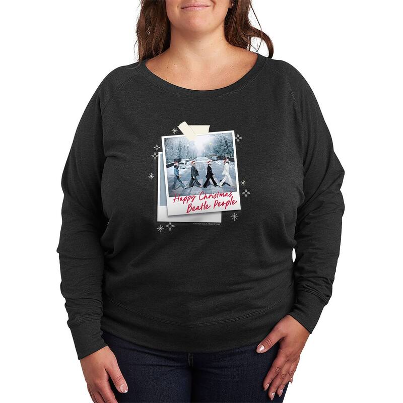 アニメキャラクター レディース トップス Tシャツ プラスサイズ パイル グラフィック Licensed Character Plusize The Beatles Happy Christmas French Terry Long Sleeve Graphic Tee Heather Charcoal チャコール