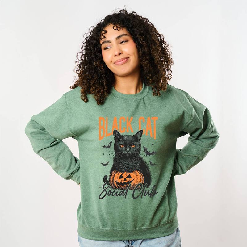 Simply Sage Market レディース トップス Tシャツ スウェット Simply Sage Market Black Cat Social Club Pumpkin - Sweatshirt Heather Green ヘザー