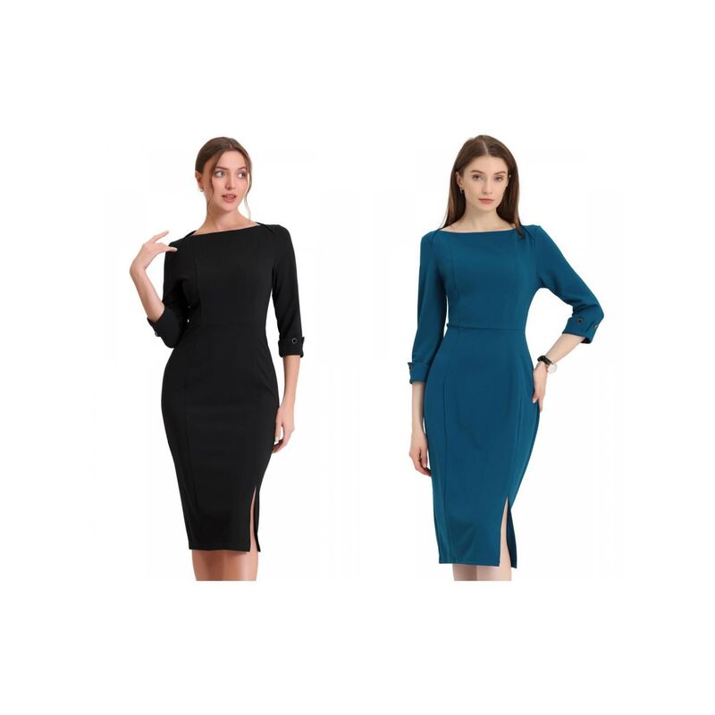アレグラ ケー レディース トップス ワンピース ミディ ALLEGRA K 2 Packs Women's Elegant Boat Neck 3/4 Sleeves Wear to Work Midi Split Sheath Dress Black Lake Blue ブラック 22,792円