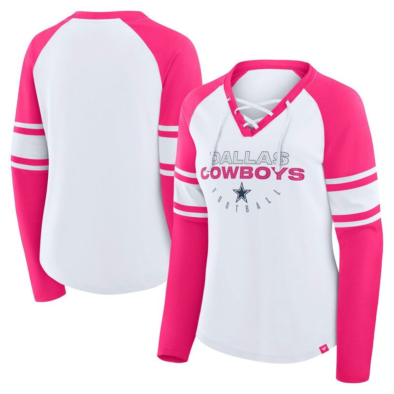 ファナティクス レディース トップス Tシャツ レース Women's Fanatics White/Pink Dallas Cowboys Redzone Rhinestone Bling Lace Up Long Sleeve T-shirt Cowhite ホワイト