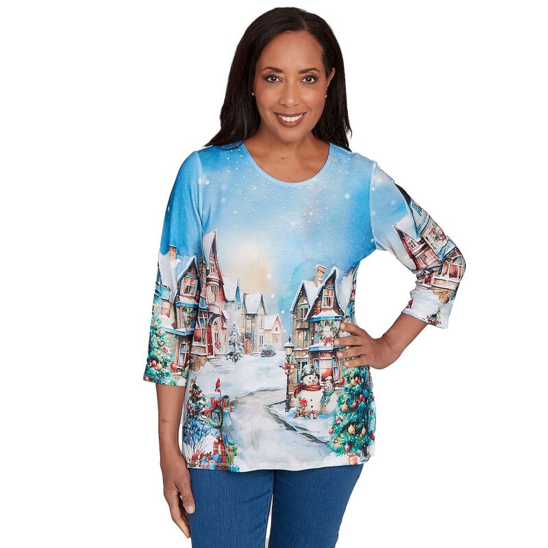 アルフレッド ダナー レディース トップス Tシャツ プチ Petite Alfredunner Embellished Snow Cabin Village Scene Top Blue Multi ブルー