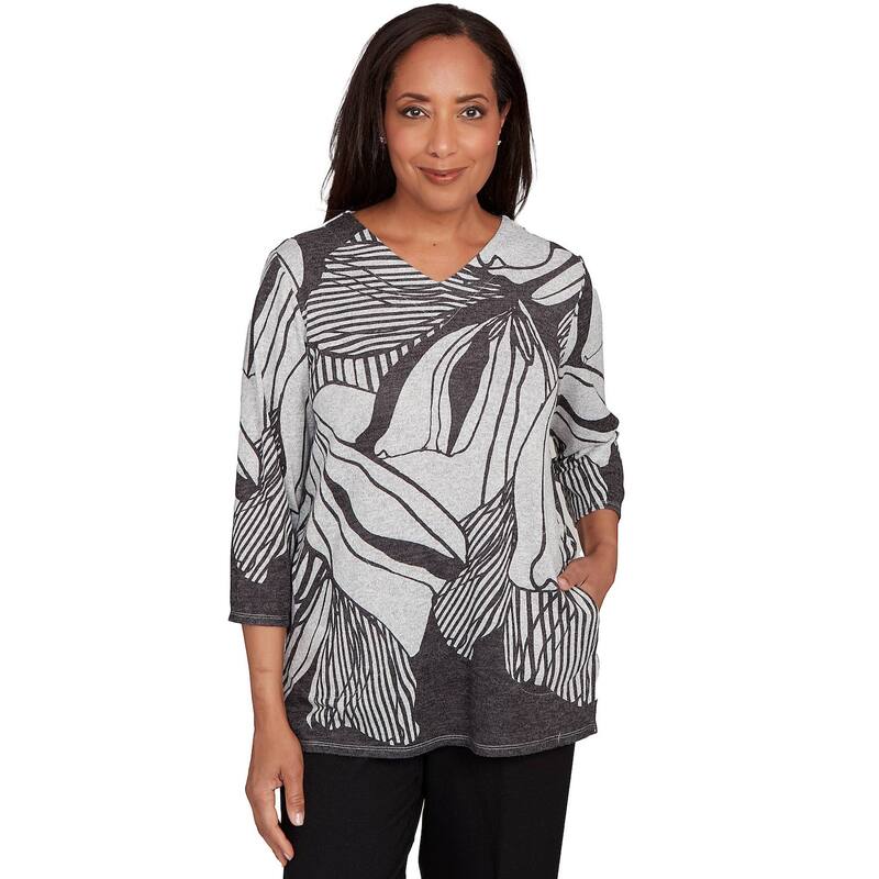 アルフレッド ダナー レディース トップス Tシャツ Vネック フラワー柄 プチ フラワー Petite Alfredunner Abstract Floral Stripe V-Neck Top Black ブラック