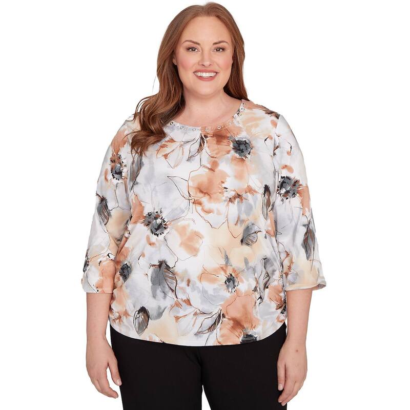 アルフレッド ダナー レディース トップス Tシャツ フラワー柄 プラスサイズ フラワー Plusize Alfredunner Watercolor Floral Gathered Sides Top Tan タン