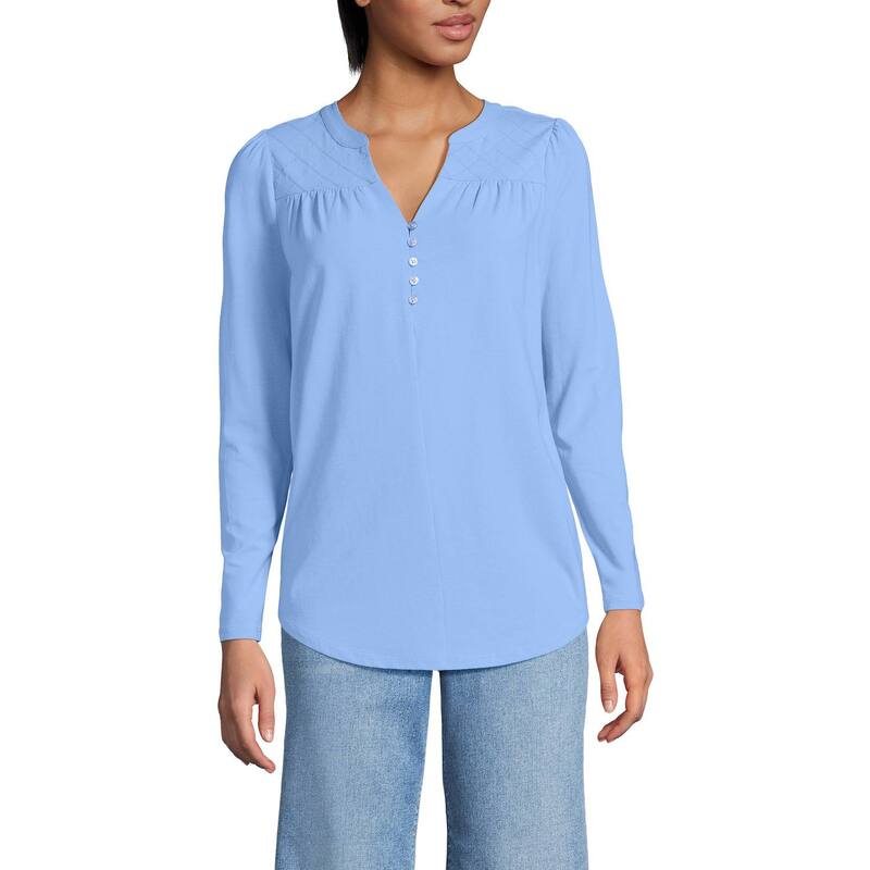 ランズエンド レディース トップス Tシャツ Vネック プチ Petite Lands' End Long Sleeve Button V-Neck Tunic Top Clear Blue Sky ブルー|ReVida 店