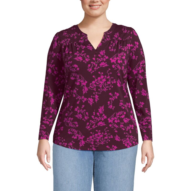 ランズエンド レディース トップス Tシャツ Vネック プラスサイズ Plusize Lands' End Long Sleeve Button V-Neck Tunic Top Burgundy Wildflowers バーガンディ