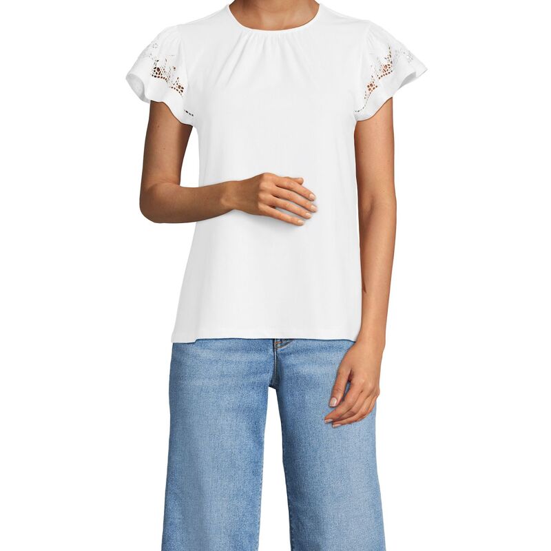 ランズエンド レディース トップス Tシャツ クルーネック フリル ジャージー Women's Lands' End Lightweight Jersey Crew Neck Ruffle Sleeve Flowy Top White ホワイト