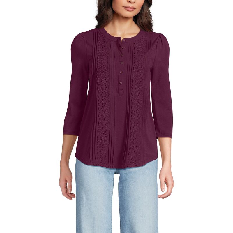 ランズエンド レディース トップス Tシャツ Women's Lands' End Three-Quarter Sleevembellished Button-Frontop Vivid Plum プラム