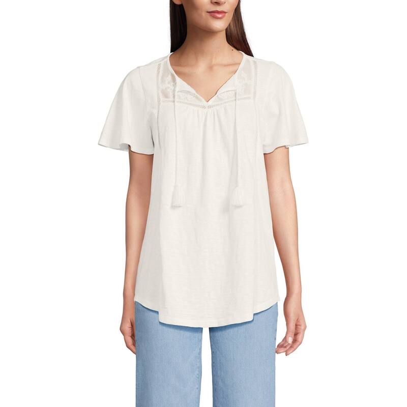 ランズエンド レディース トップス Tシャツ Women's Lands' End Short Sleeve Slub Flutter Sleevembellished Top Ivory アイボリー