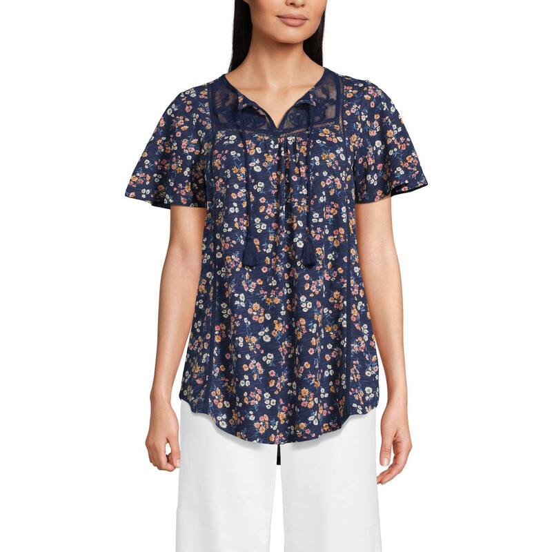 ランズエンド レディース トップス Tシャツ Women's Lands' End Short Sleeve Slub Flutter Sleevembellished Top Sea Colorful Floral