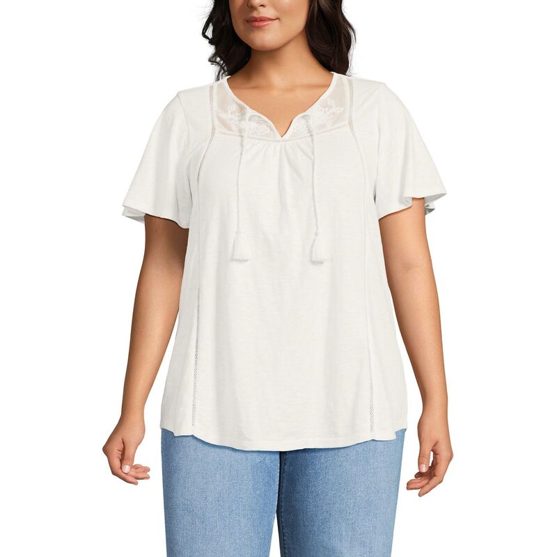 ランズエンド レディース トップス Tシャツ プラスサイズ Plusize Lands' End Short Sleeve Flutter Sleevembellished Top Ivory アイボリー