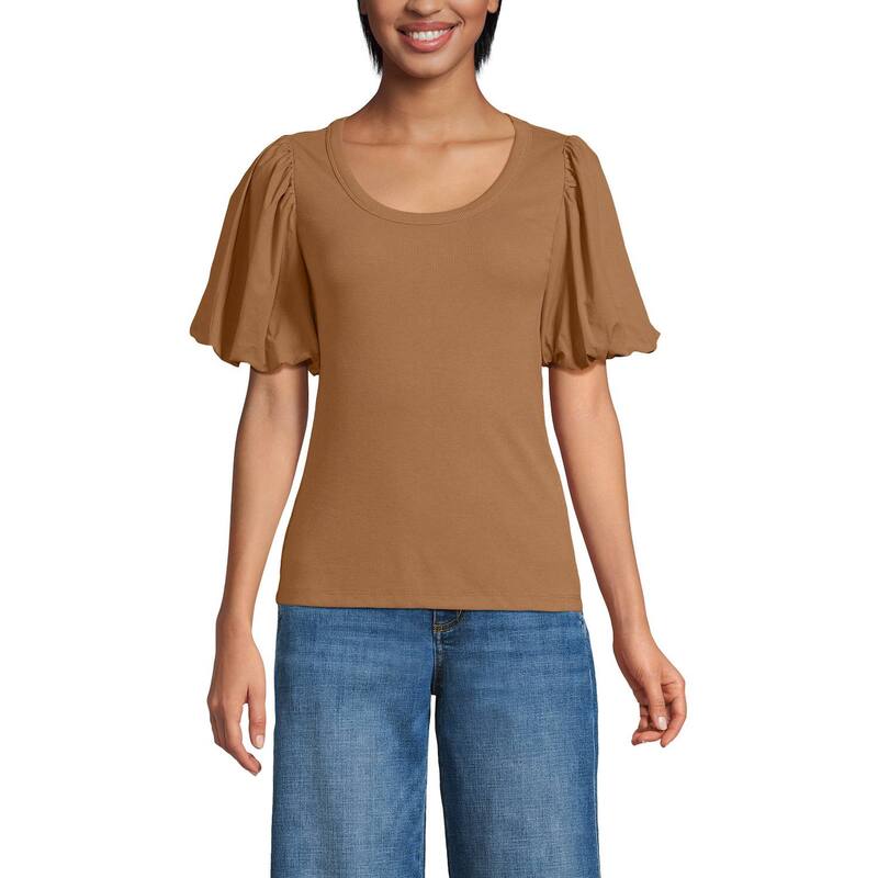 ランズエンド レディース トップス Tシャツ Women's Lands' End Short Sleeve Drapey Rib Puff Sleeve Scoop Neck Top Canyon Camel キャメル