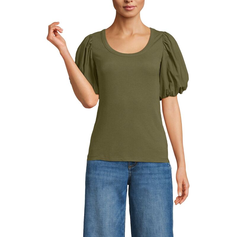 ランズエンド レディース トップス Tシャツ Women's Lands' End Short Sleeve Drapey Rib Puff Sleeve Scoop Neck Top Olive Drab オリーブ