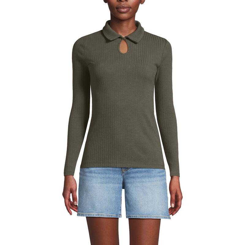 ランズエンド レディース トップス Tシャツ ポロシャツ Women's Lands' End Long Sleeve Pointelle Rib Keyhole Polo Top Forest Moss フォレスト