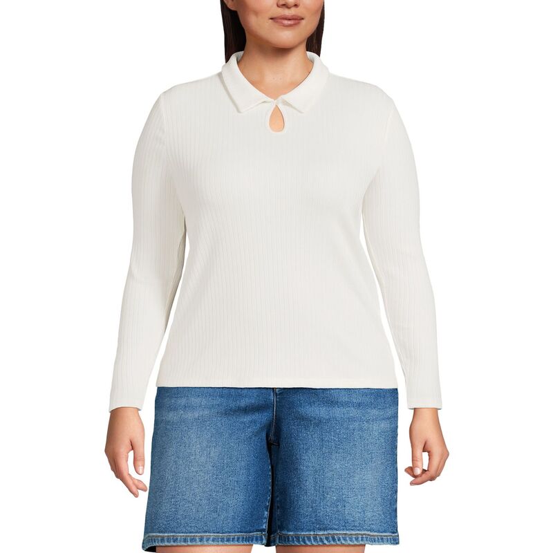 ランズエンド レディース トップス Tシャツ ポロシャツ プラスサイズ Plusize Lands' End Long Sleeve Pointelle Rib Keyhole Polo Top Ivory アイボリー