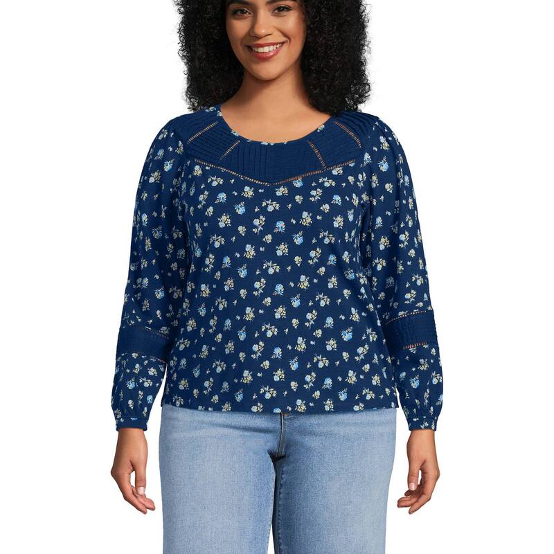ランズエンド レディース トップス Tシャツ クルーネック Women's Lands' End Long Sleeve Crew Neck Pintuck Mix Top Sea Dainty Floral
