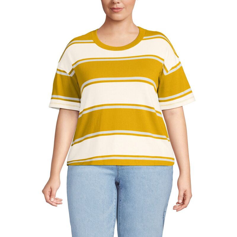 ランズエンド レディース トップス Tシャツ プラスサイズ Plusize Lands' End Short Sleeve Mariner T-Shirt Dijon Gold Stripes ゴールド
