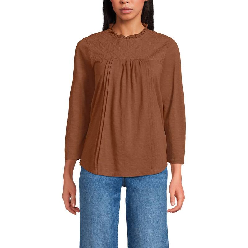 ランズエンド レディース トップス Tシャツ レーストリム コットン レース Women's Lands' End 3/4 Sleeve Cotton Slub Lace Trim Top Rich Ginger Brown ブラウン
