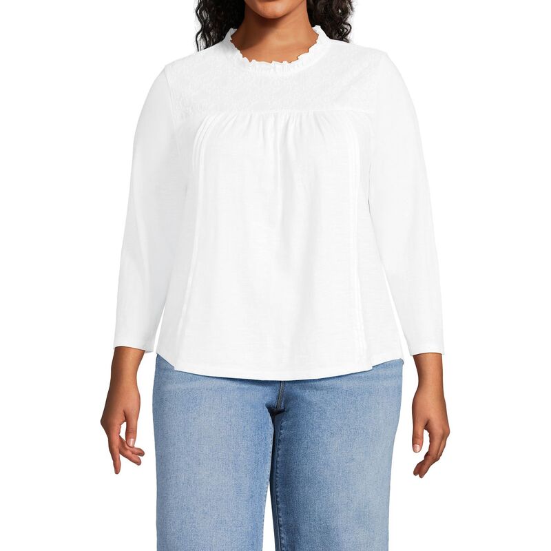 ランズエンド レディース トップス Tシャツ レーストリム プラスサイズ コットン レース Plusize Lands' End 3/4 Sleeve Cotton Slub Lace Trim Top White ホワイト