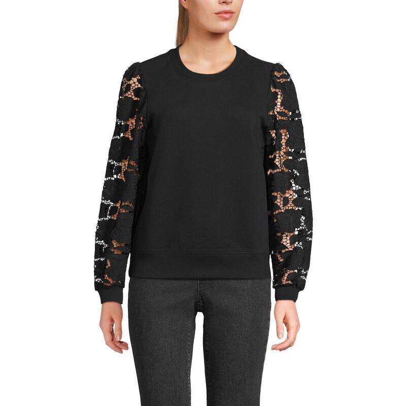 ランズエンド レディース アウター ニット・セーター スウェット シャツ レース Women's Lands' End Lace Sleeve Sweatshirt Black ブラック 15,584円