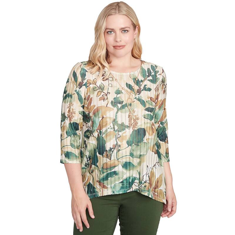 アルフレッド ダナー レディース トップス Tシャツ プチ レース Petite Alfredunner Abstract Leaf Sharkbite Hem Top with Necklace Pine