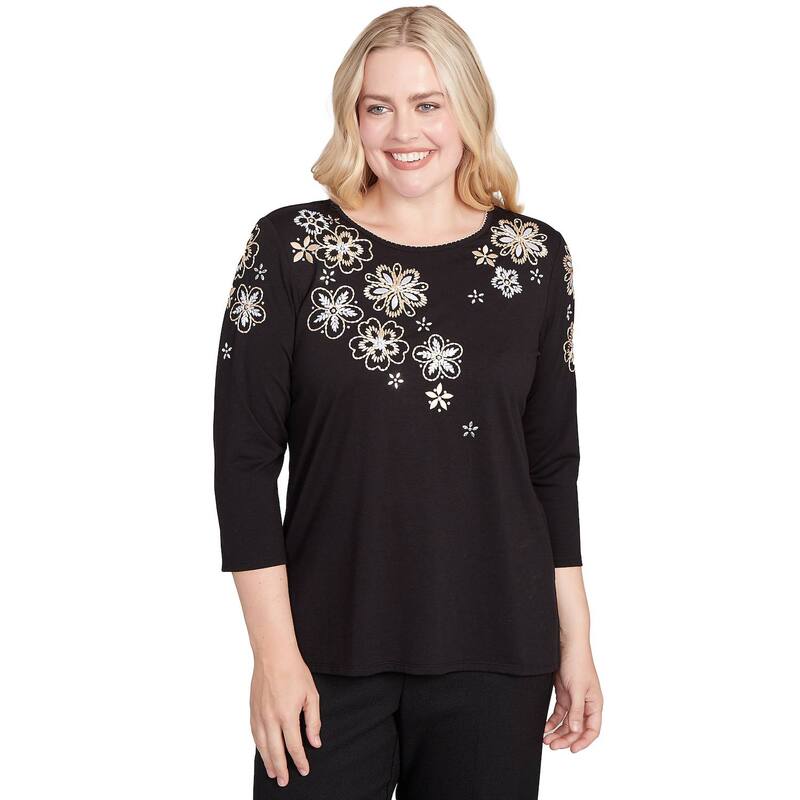 アルフレッド ダナー レディース トップス Tシャツ フラワー柄 刺繍 フラワー Women\'s Alfredunner Gold Floral Embroidered Three Quarter Sleeve Top Black ブラック
