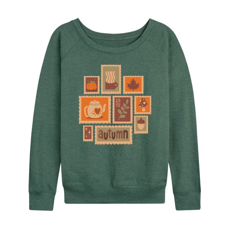 アニメキャラクター レディース トップス Tシャツ パイル Licensed Character Women's Fall Stamps Collage French Terry Long Sleeve Tee Heather Juniper ヘザー