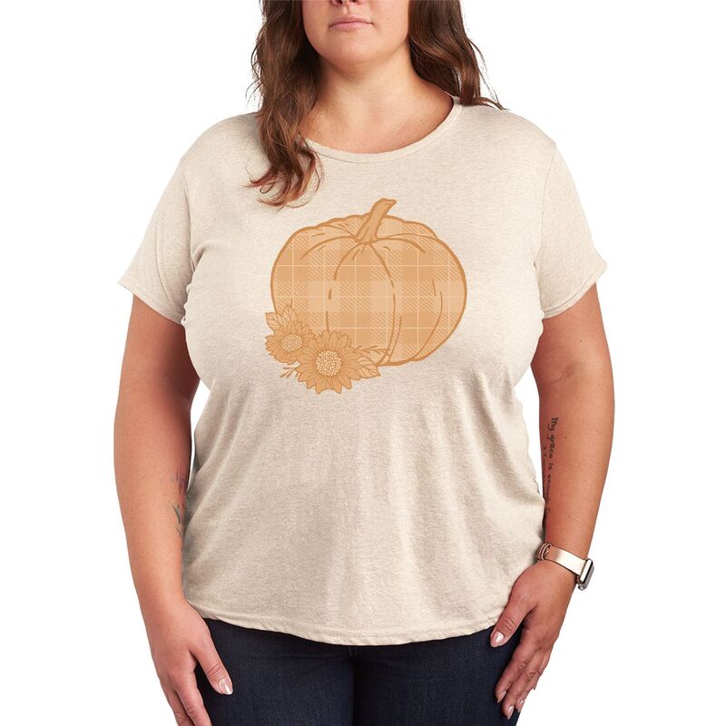 アニメキャラクター レディース トップス Tシャツ プラスサイズ グラフィック Licensed Character Plusize Women's Plaid Pumpkin Graphic Tee Beige ベージュ