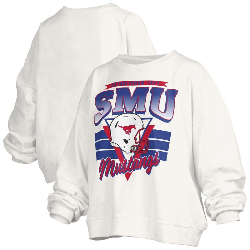プレスボックス レディース トップス Tシャツ スウェット Women's Pressbox White SMUstangs Oversized Janice Retro Waist-Length Pullover Sweatshirt Nc2 White ホワイト