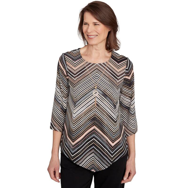 アルフレッド ダナー レディース トップス Tシャツ プチ レース Petite Alfredunner Chevron Stripe Top with Necklace Tan タン
