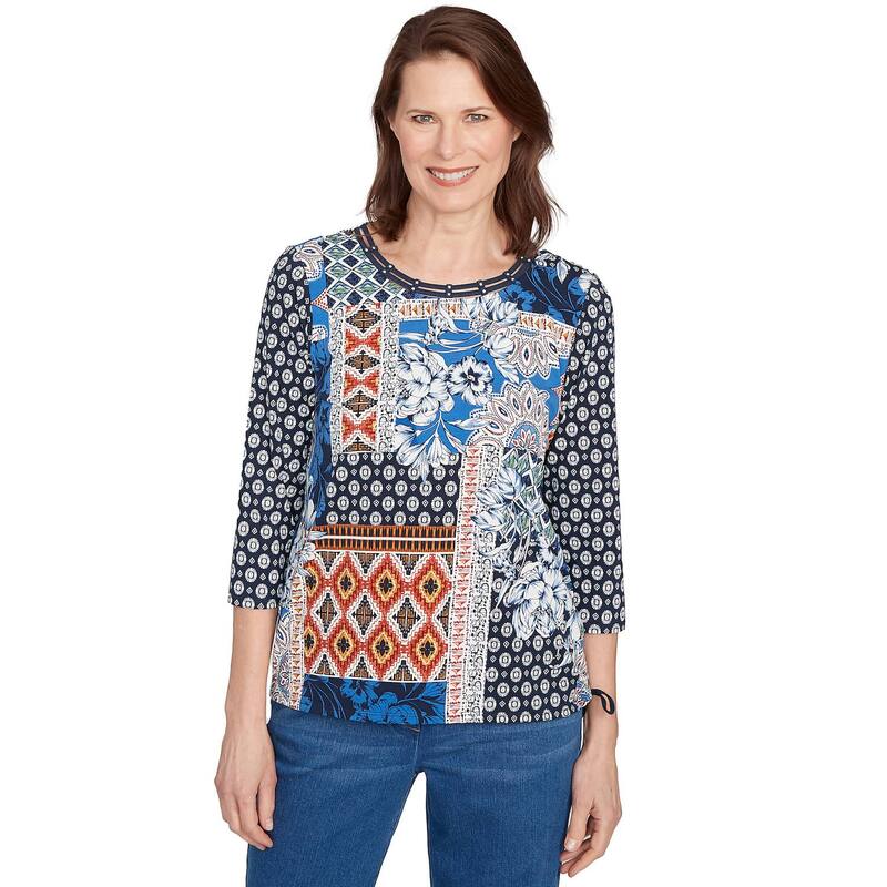 アルフレッド ダナー レディース トップス Tシャツ プチ パッチワーク Petite Alfredunner Batik Patchwork Drawstring Closure Top Denim デニム