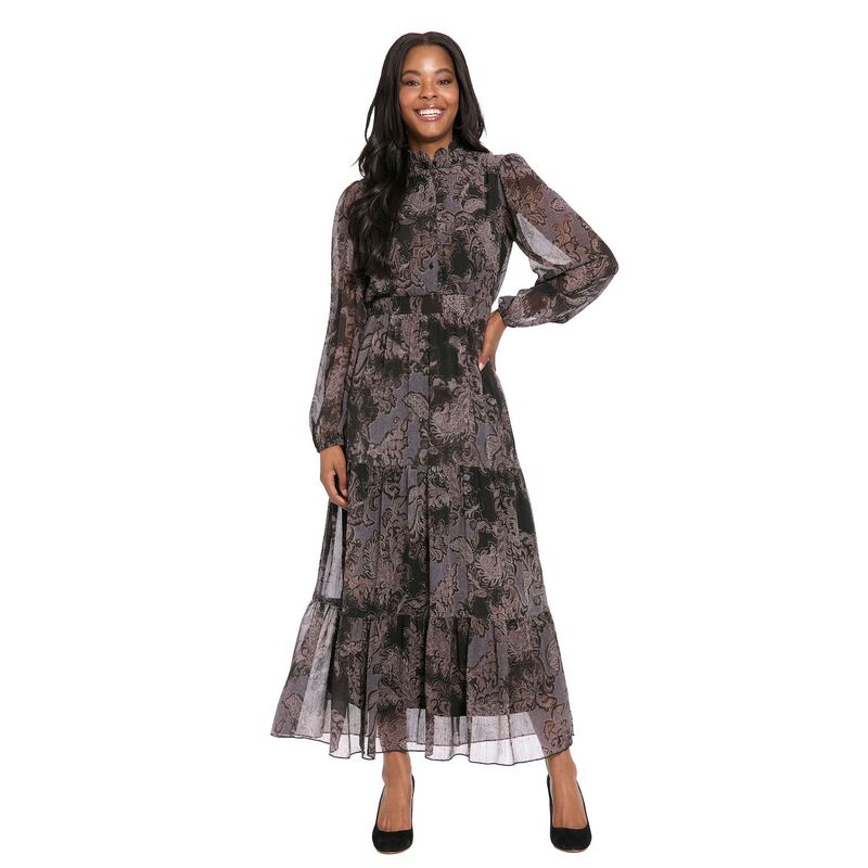 ロンドンタイムス レディース トップス ワンピース フリル シャーリング マキシ Women's London Times Ruffle Neck Smocked Waist Maxi Dress Black Gray ブラック