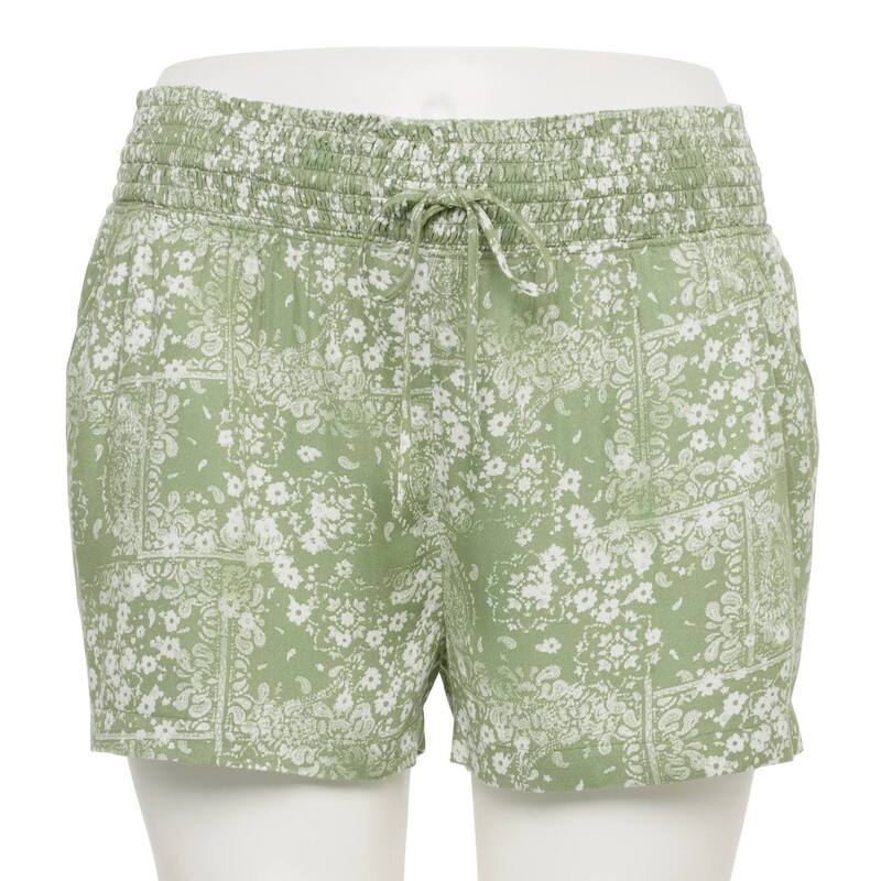 エスオー レディース ボトムス ハーフパンツ・ショーツ プラスサイズ ショートパンツ シャーリング Juniors\' Plusize SO High Rise Smocked Waist Shorts Dark Green Bandana グリーン