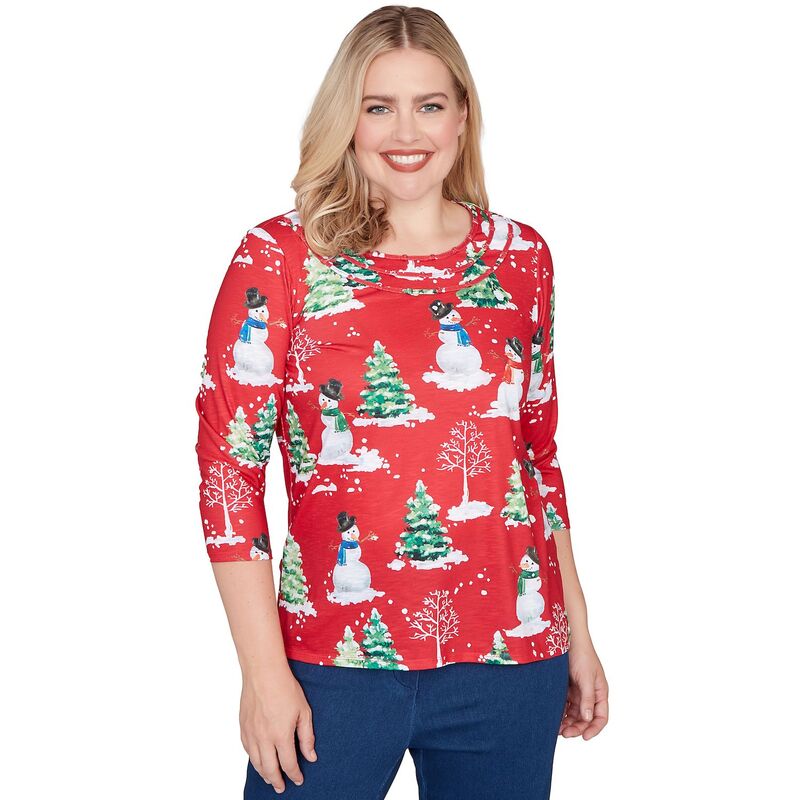 アルフレッド ダナー レディース トップス Tシャツ クルーネック プチ プリント グラフィック Petite Alfredunner Snowmen Printed Graphicrewneck Top Red レッド