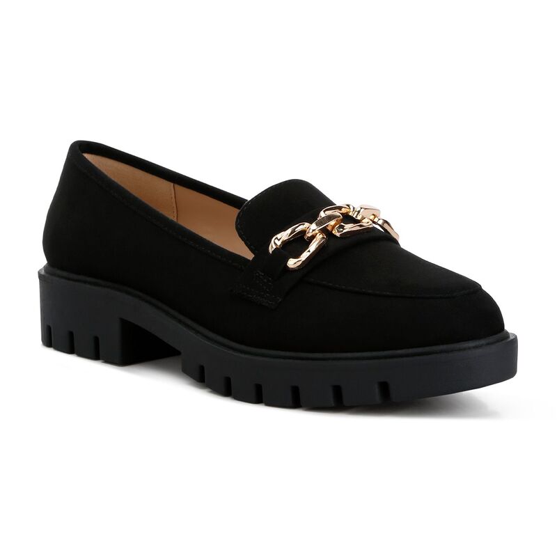 ロンドンラグ レディース シューズ スリッポン・ローファー スエードクロス London Rag Jacop Women\u0027s Micro Suede Chain Link Loafers Black 黒いこと レディース靴-靴-ローファー