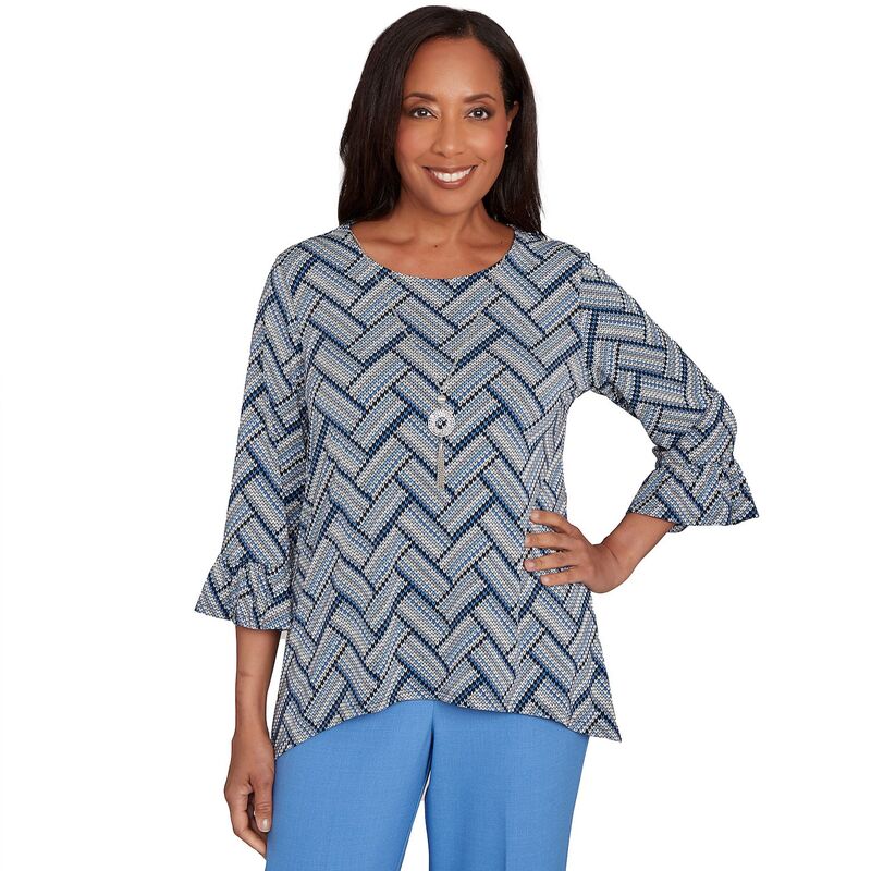アルフレッド ダナー レディース トップス Tシャツ レース ニット Women's Alfredunner Chevron Textured Knitop with Necklace Blue Multi ブルー