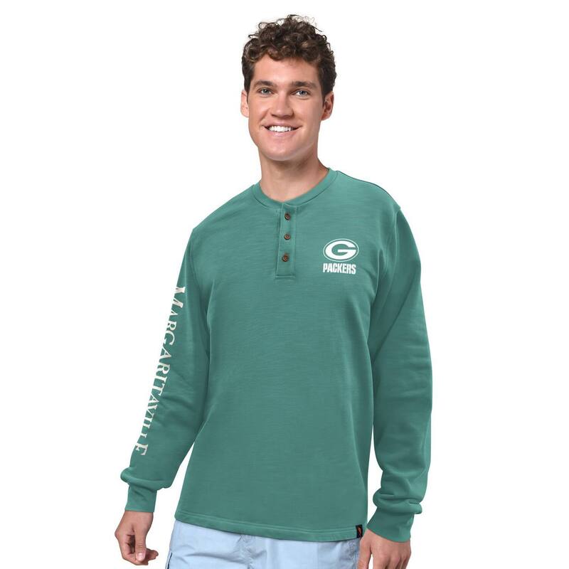 マルガリータビル メンズ トップス プルオーバー Men\u0027s Margaritaville Green Bay Packers Five O\u0027Clock Henley Long Sleeve T-Shirt Pkr Green 緑であること