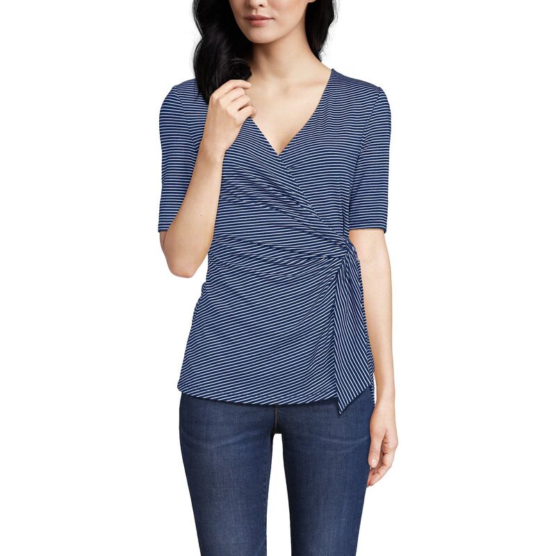 ランズエンド レディース トップス Tシャツ ブラウス Women's Lands' End Elbow Sleeve Side Tie Blouse Deep Sea Navy Stripe ネイビー｜ReVida 店