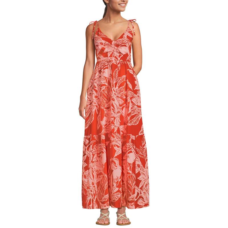 ランズエンド レディース トップス ワンピース Vネック コットン マキシ Women's Lands' End Cotton Voile V-Neck Tie Strap Maxi Dress Orangetched Leaves オレンジ 28,350円