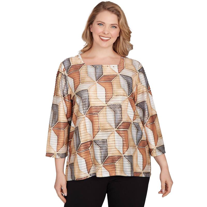 アルフレッド ダナー レディース トップス Tシャツ プラスサイズ Plusize Alfredunner Stained Glassquare Neck Top Taneutral タン