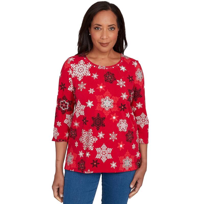 アルフレッド ダナー レディース トップス Tシャツ プリーツ Women's Alfredunner Embellished Snowflake Pleated Neck Top Red レッド