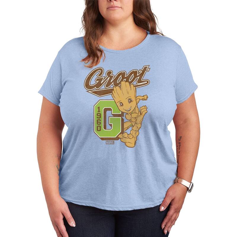 マーベル レディース トップス Tシャツ プラスサイズ グラフィック Marvel Plusize Guardians of the Galaxy Groot Collegiate Graphic Tee Heather Chambray Blue ヘザー