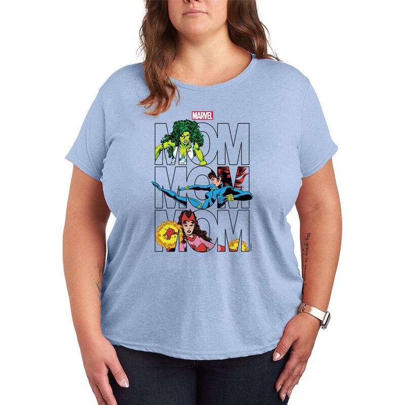 マーベル レディース トップス Tシャツ プラスサイズ グラフィック Plusize Marvel Mom Stacked Graphic Tee Heather Chambray Blue ヘザー