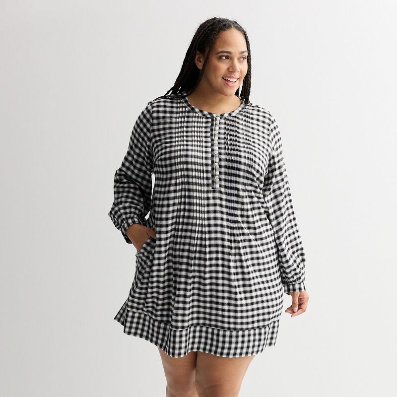ソノマ レディース トップス ワンピース プラスサイズ Plusize Sonoma Goods For Life Long Sleeve Pintuck Dress Ivory Black Check アイボリー