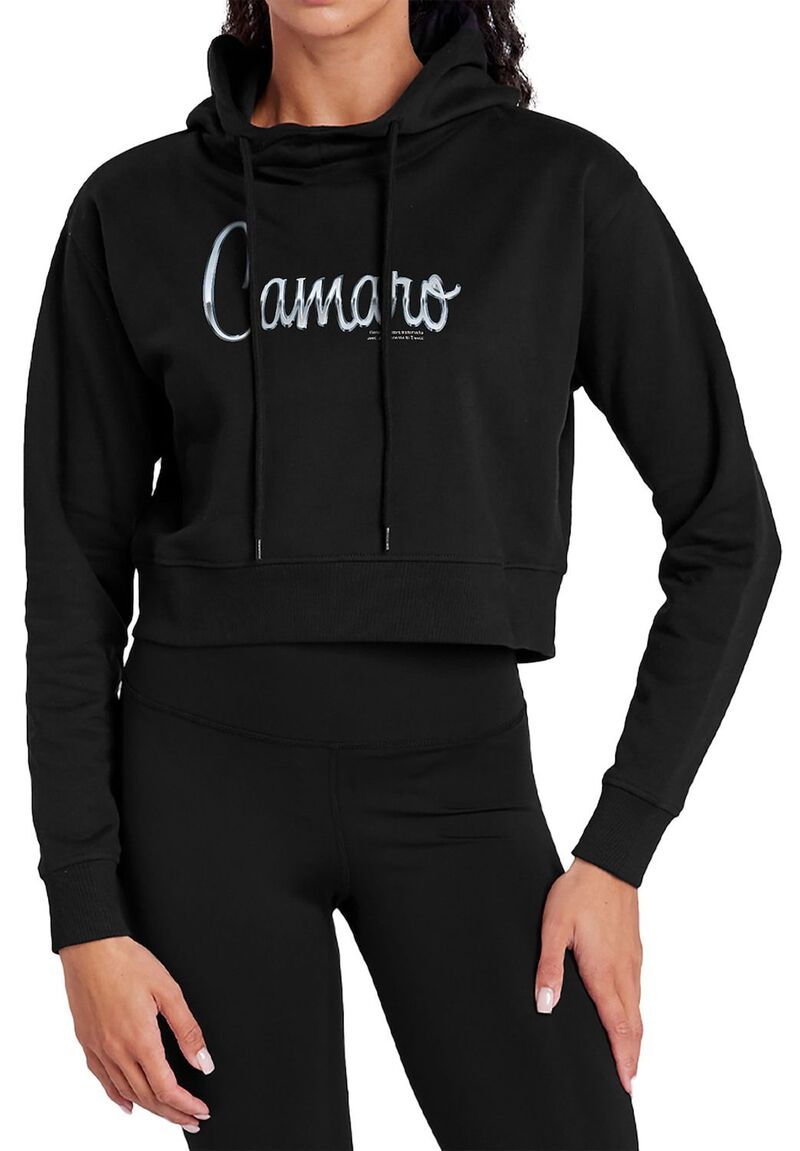 アニメ人となり レディース トップス ティーシャツ クロップド パーカー Licensed Character Juniors\u0027 Chevrolet Classicamaro Legend Cropped Hoodie Black 黒いこと レディースファッション-Tシャツ・カットソー