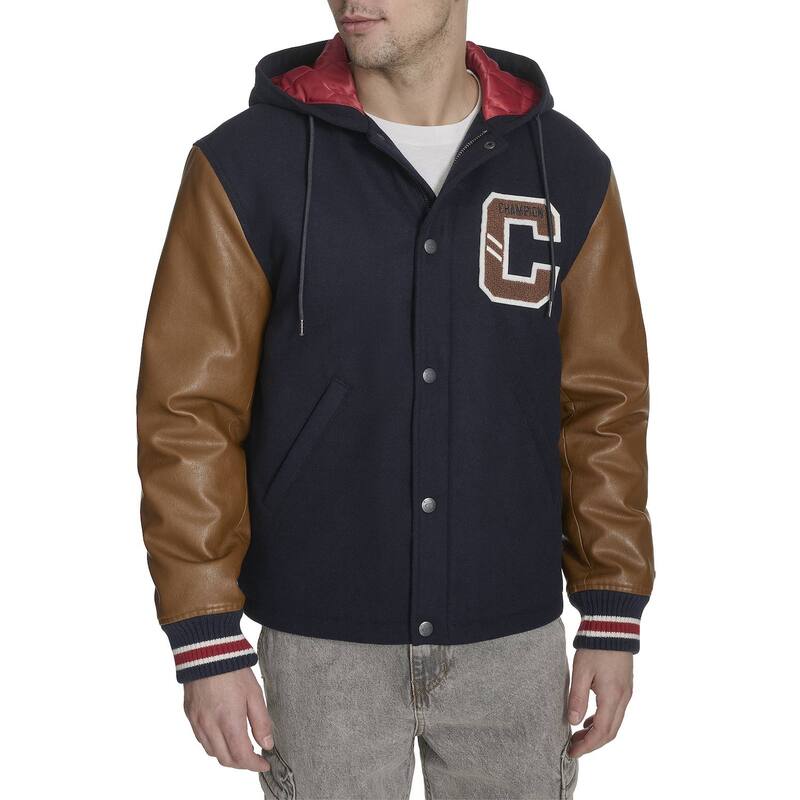 チャンピオン メンズ アウター ジャケット・ブルゾン Men Champion Mixed Media Hooded Varsity Jacket with Patches Navy ネイビー