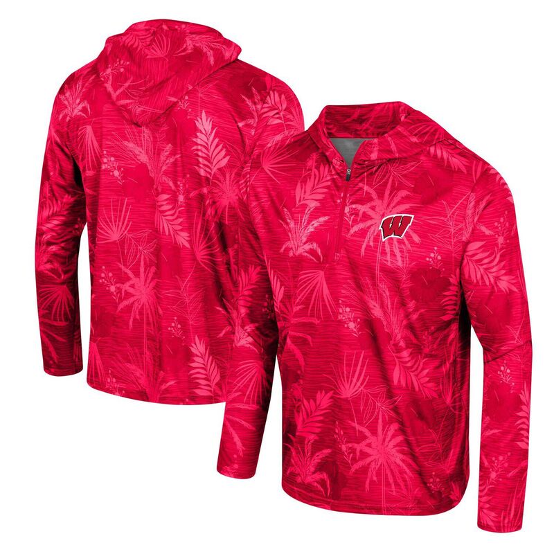円形劇場 メンズ トップス ティーシャツ 刷り上げる Men\u0027s Colosseum Red Wisconsin Badgers Palms Printed Lightweight Quarter-Zip Hooded Top Wis Red 赤いこと Tシャツ・カットソー-メンズファッション