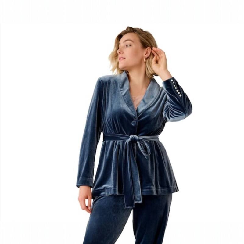Ellos レディース アウター ジャケット・ブルゾン プラスサイズ ベルベット ブレザー ellos Plusize Velvet Belted Blazer Dusty Navy ネイビー
