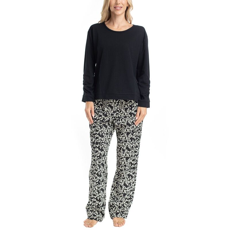 ムクルクス レディース アンダーウェア ナイトウェア パンツ Women's MUK LUKS Long Sleeve Pajama Top & Pajama Open Leg Pantset Black ブラック