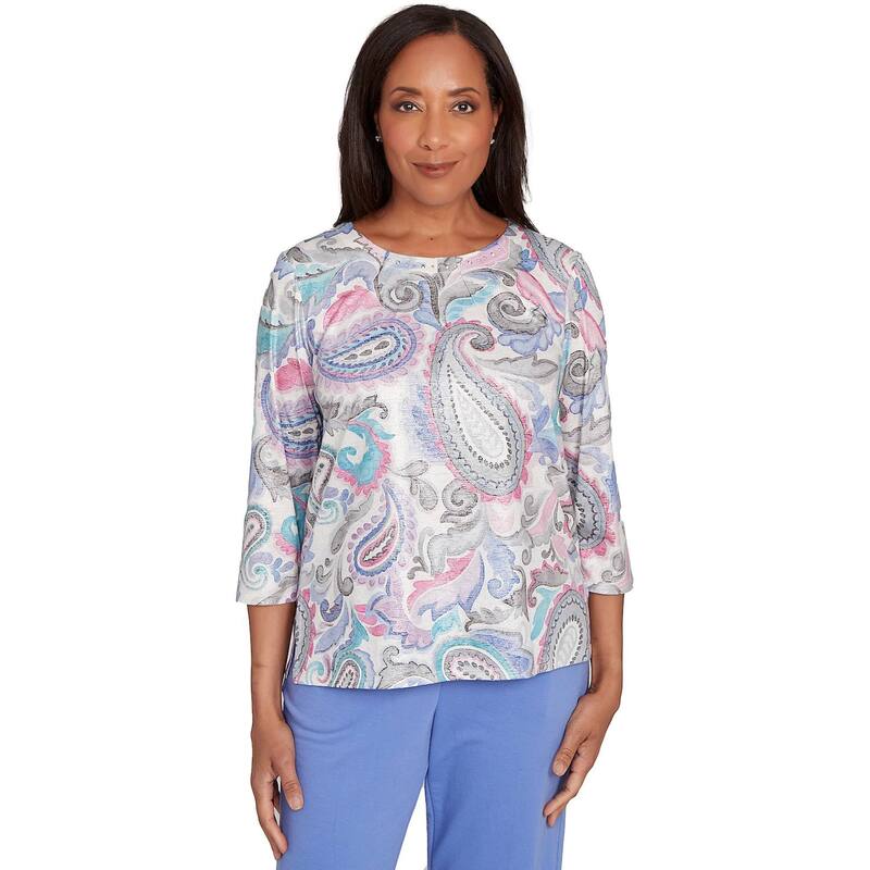 アルフレッド ダナー レディース トップス Tシャツ クルーネック プチ プリーツ Petite Alfredunner Pleated Paisley Crew Neck Top Gray Multi グレー