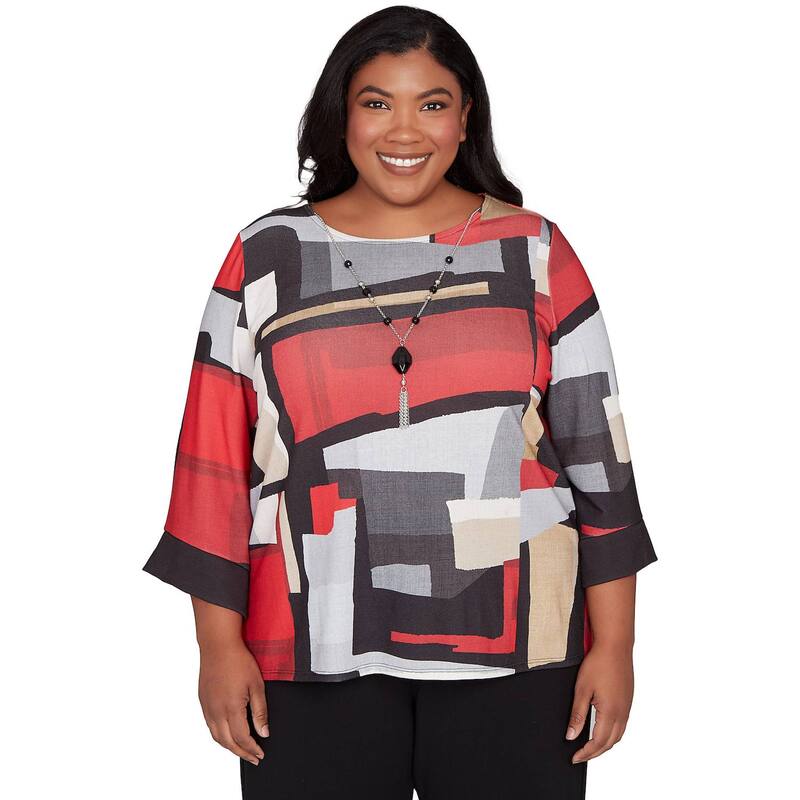 アルフレッド ダナー レディース トップス Tシャツ プラスサイズ カラーブロック レース ニット Plusize Alfredunner Knit Colorblock Top with Necklace Red Multi レッド